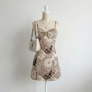 Streetwear Society Elegant Brown, Cream And White Patterned A Line Mini Dress